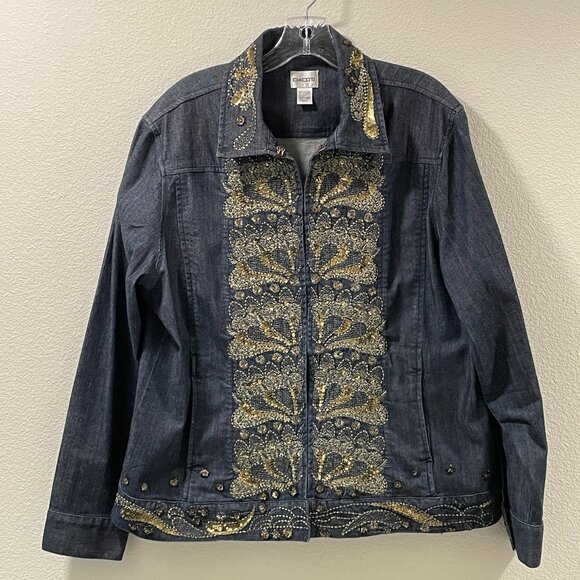Chico's Jackets & Blazers - CHICO'S Long Sleeve Embellished Denim Jacket, Indigo - L/XL (3)